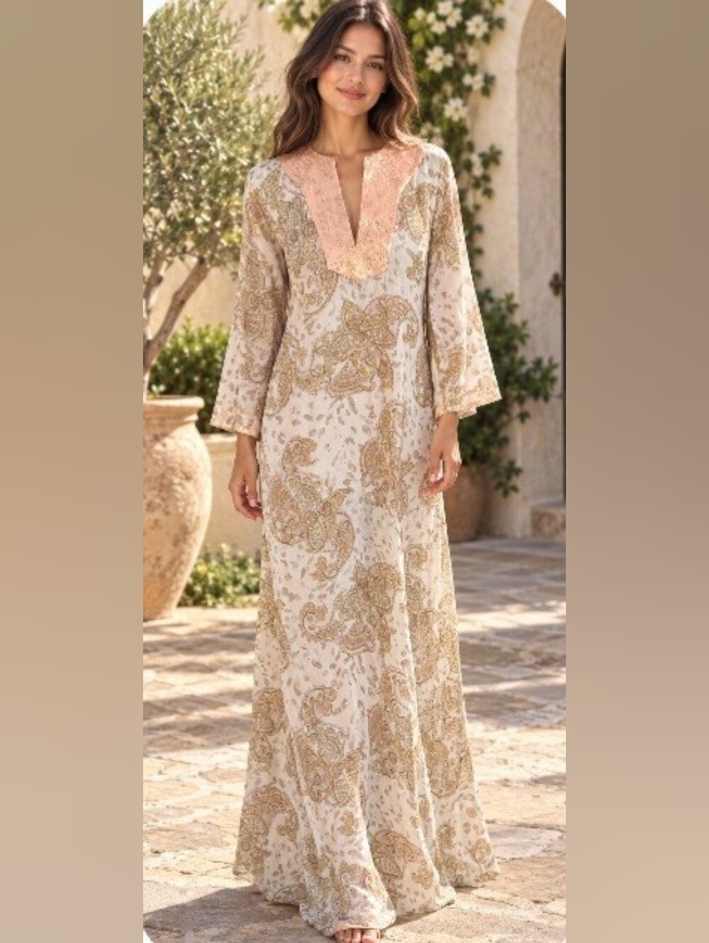 Da-Nang Indo-Chine Francaise Cream Gold Paisley Sequin Maxi Dress NWT Size XS